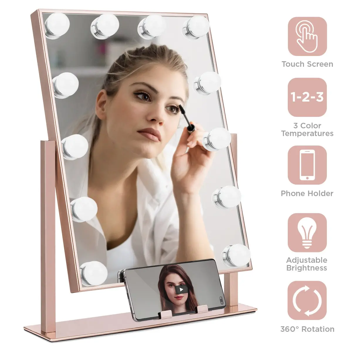 Hollywood Makeup Vanity Mirror W/ Smart Touch, Phone Holder, 12 Led Lights 3