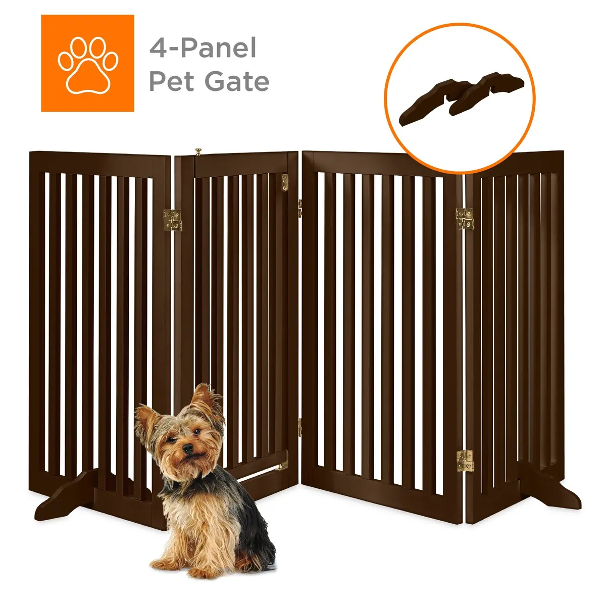 31.5In 4-Panel Freestanding Wooden Pet Gate W/ Door, Support Feet 1