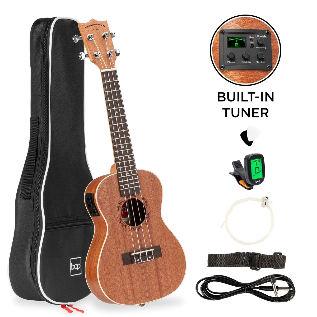 23In Acoustic Electric Concert Sapele Ukulele Starter Kit W/ Built-In Tuner 1