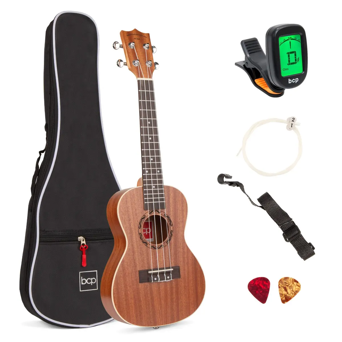 23In Acoustic Concert Sapele Ukulele Starter Kit W/ Gig Bag, Strap, Tuner 1