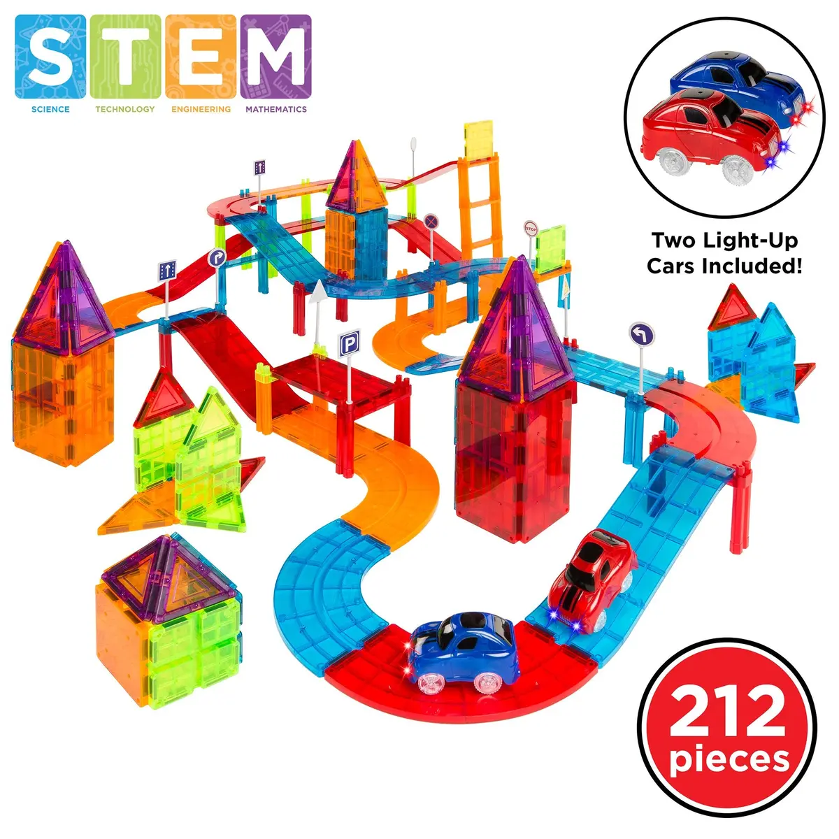 212-Piece Kids Magnetic Tile Car Race Track Stem Building Toy Set W/ 2 Cars 1