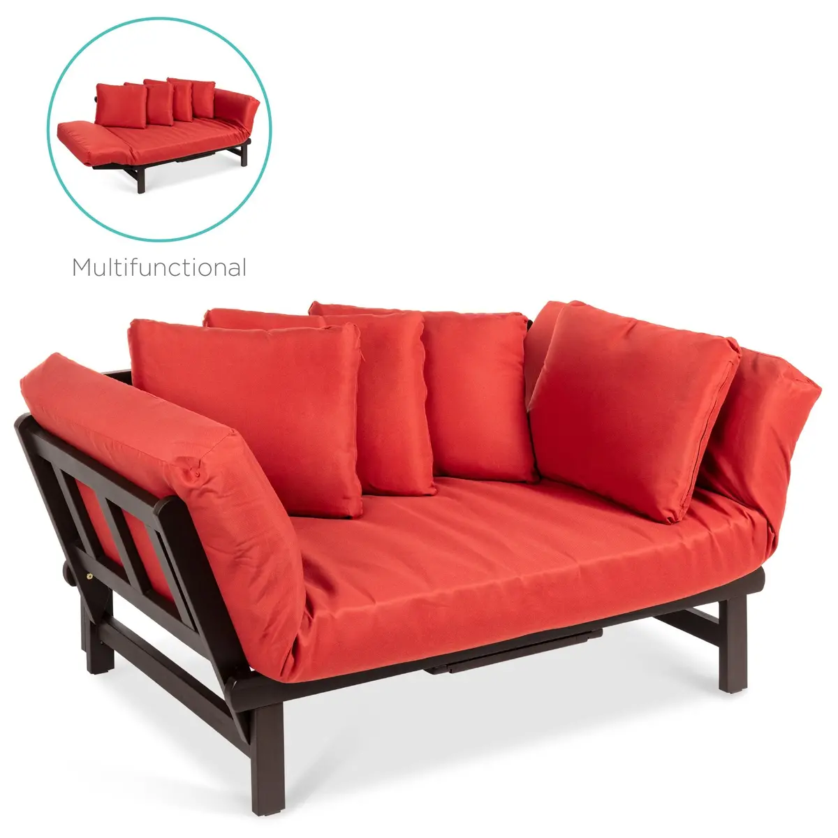 Outdoor Convertible Acacia Wood Futon Sofa W/ 4 Pillows, Removable Cushion 1