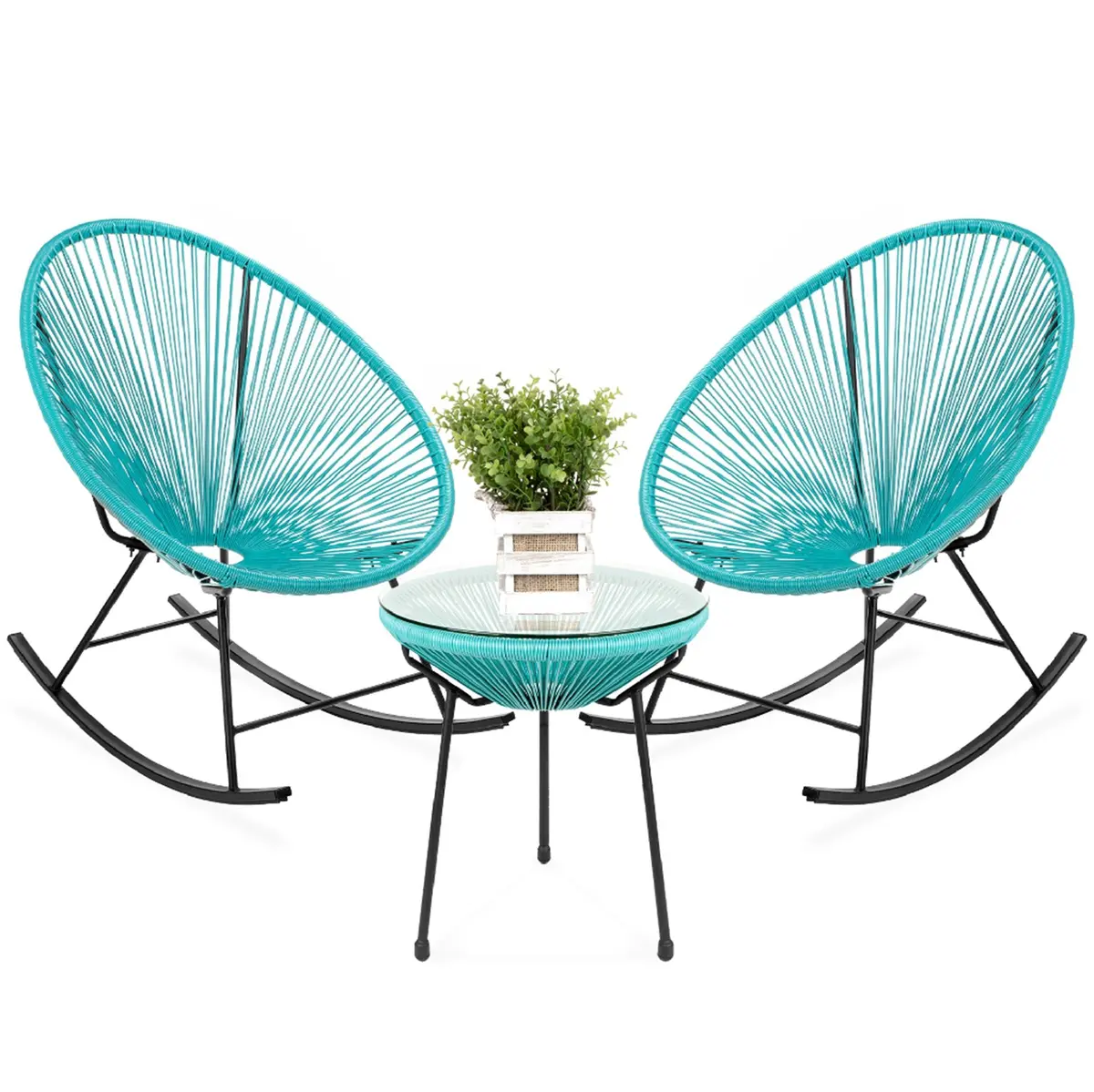 3-Piece Patio Woven Rope Acapulco Rocking Chair Bistro Set 1
