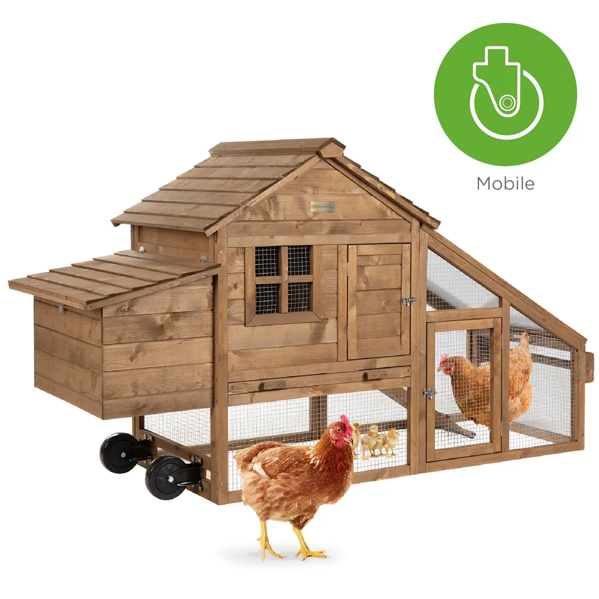 Mobile Wood Chicken Coop W/ Wheels, 2 Doors, Nest Box, Uv Panel - 70In 1