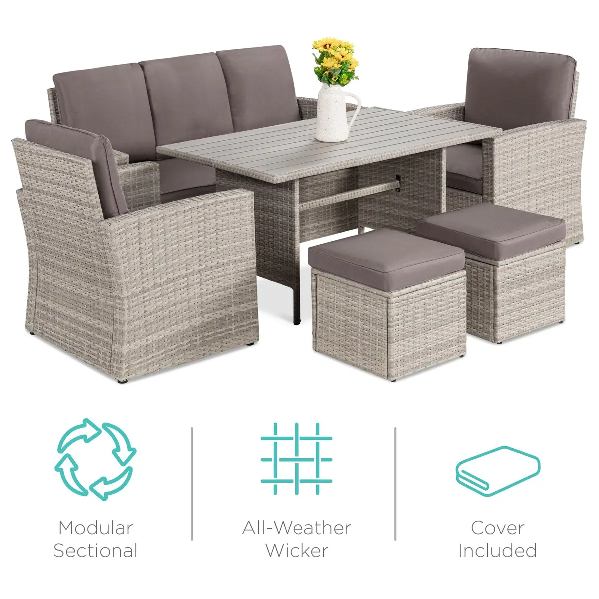 7-Seater Conversational Wicker Dining Table, Outdoor Patio Furniture Set 1