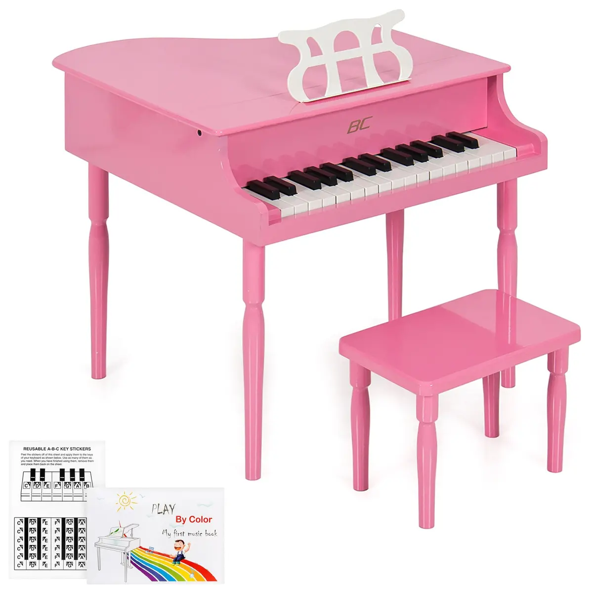 Kids Mini Wood Grand Piano Musical Instrument W/ Bench, Sheet Music Rack 3