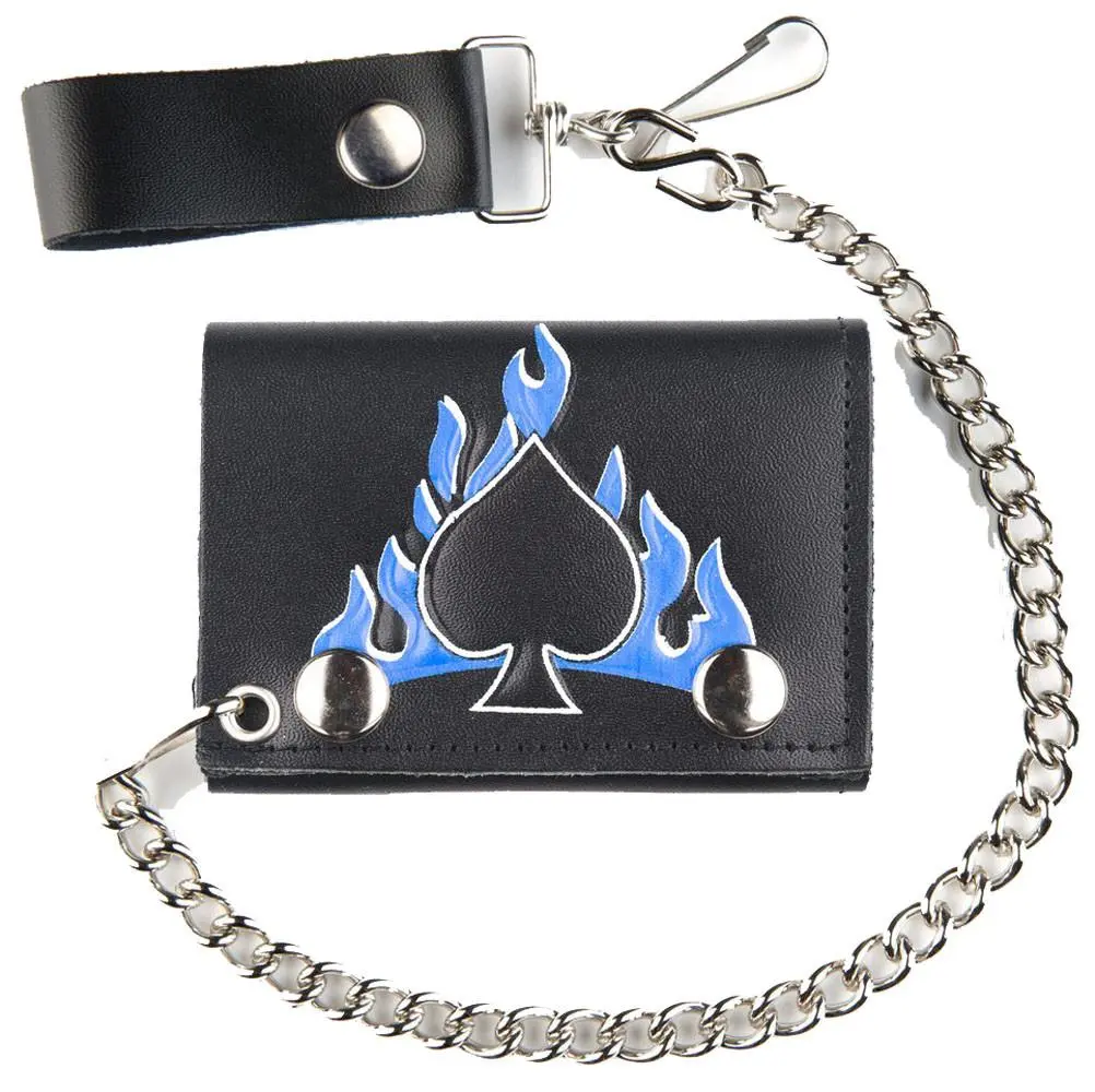 Spades Blue Flames Trifold Leather Wallets With Chain 1