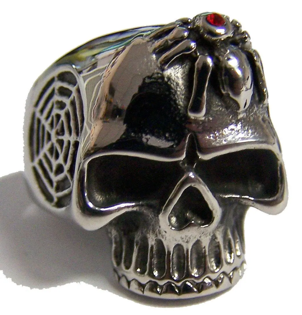 Skull Head With Spider & Web Stainless Steel Biker Ring 1
