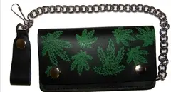 Multiple Pot Leaves Marijuana 6 Inch Biker / Trucker Leather Wallet With Chain (Sold By The Piece) 1