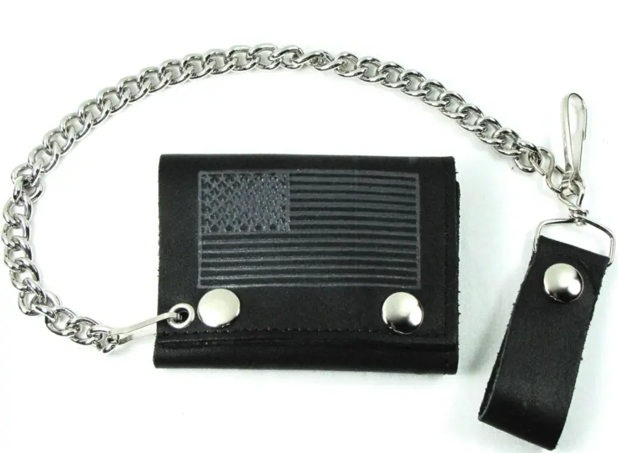 Black & Grey American Flag Trifold Leather Wallets With Chain (Sold By The Piece) 1
