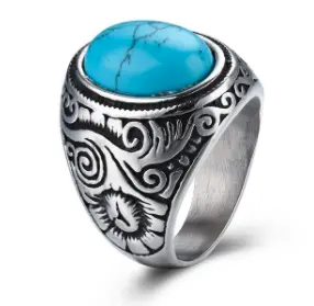 Turquoise Engraved Real Stone Stainless Steel Ring (Sold By The Piece) 1