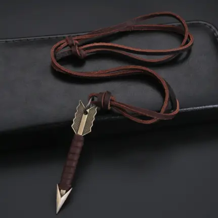 Handmade Leather Wrapped Metal Arrow Adjustable Necklace 1