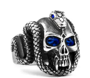 Crystal Blue Eye Skull With Serpent Snake Metal Biker Ring (Sold By The Piece) 1