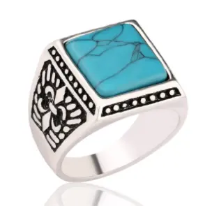 Square Turquoise Engraved Real Stone Sterling Plated Ring (Sold By The Piece) 1