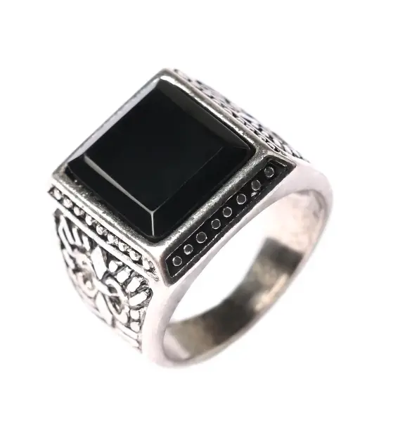 Square Black Stone Engraved Real Stone Sterling Plated Ring (Sold By The Piece) 1