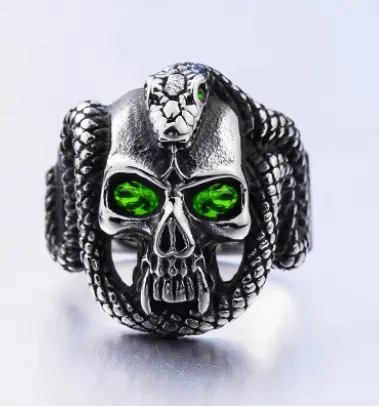 Crystal Green  Eye Skull With Serpent Snake Metal Biker Ring (Sold By The Piece) 1