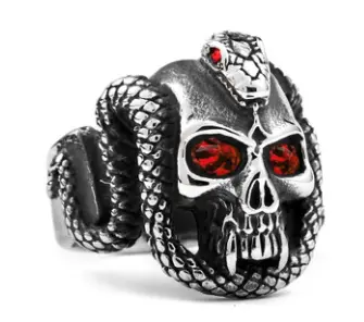 Crystal Red  Eye Skull With Serpent Snake Metal Biker Ring (Sold By The Piece) 1