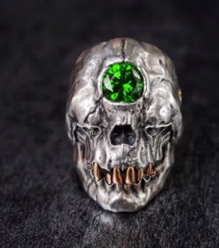Third Eye Green  Crystal Mummy Skull  Metal Biker Ring (Sold By The Piece) 1