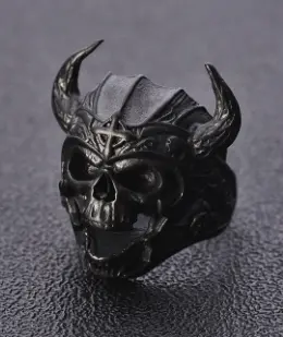 Large Viking Black Skull With Horns Metal Biker Ring (Sold By The Piece) 1