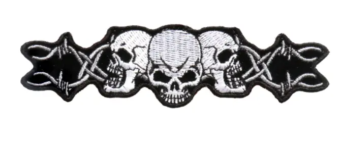 Triple Skull Head Skull Heads Barbed Wire Embroidered Patch (Sold By The Piece ) 1