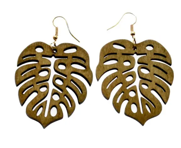 Wooden Monstera Earrings 2.5 Inch (Sold By The Pair) 1