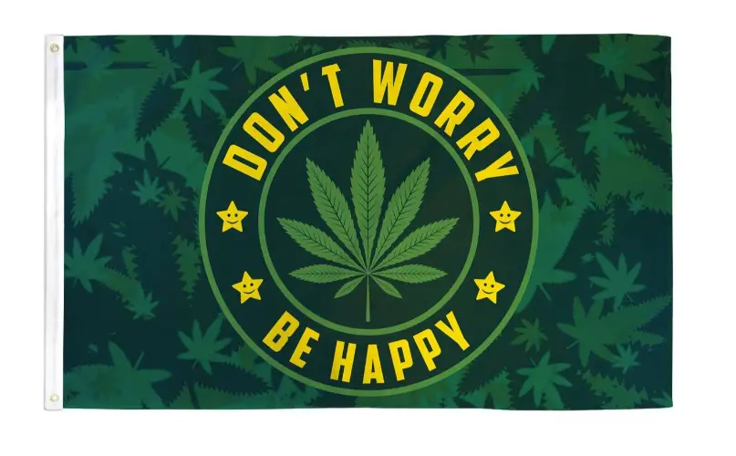 Don't Worry Be Happy Pot Leaf  Marijuana 3' X 5' Flag (Sold By The Piece) 1