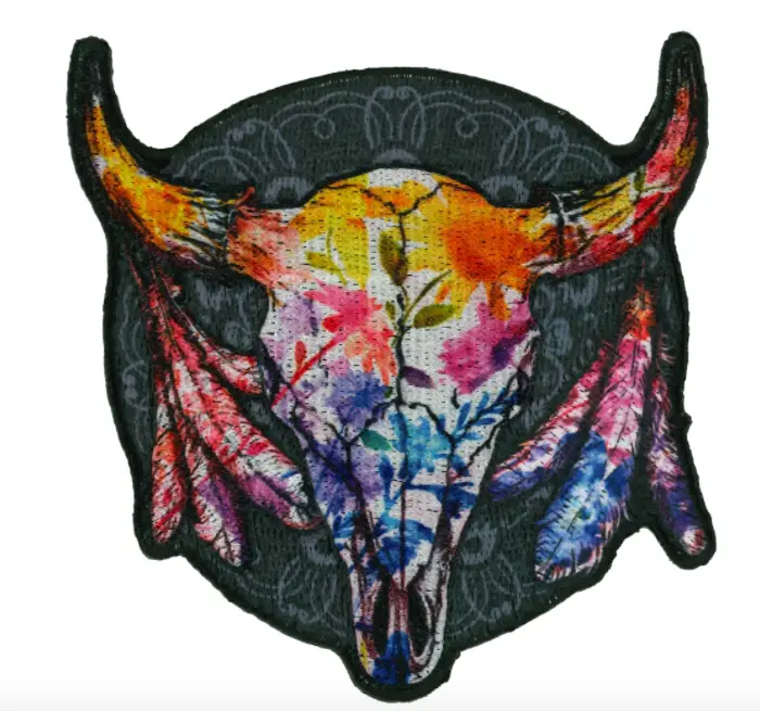 Wildflower Watercolor Cow Skull  3.5 X 3.5 Inch Embroidered Patch  (Sold By The Piece ) 1
