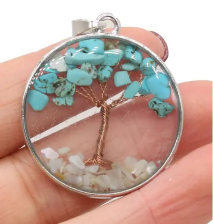 Tree Of Life Turquoise Stone Copper Wrapped Resin Pendant (Sold By The Piece) 1