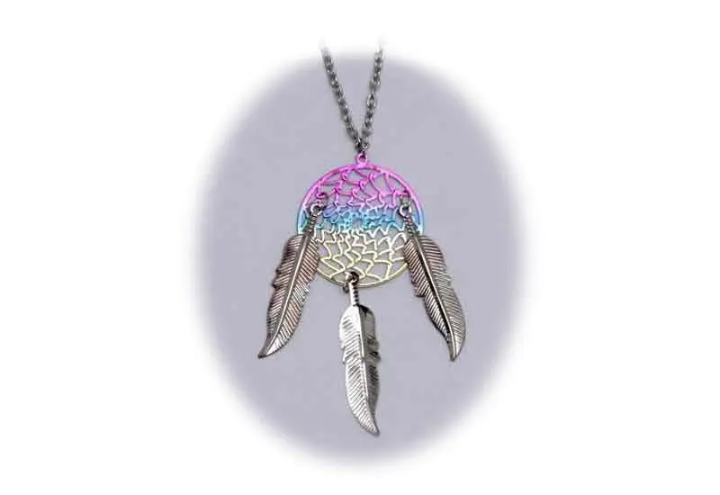 18 Inch Metal Dream Catcher Silver Rainbow Necklace With Feathers (Sold By The Piece) 1