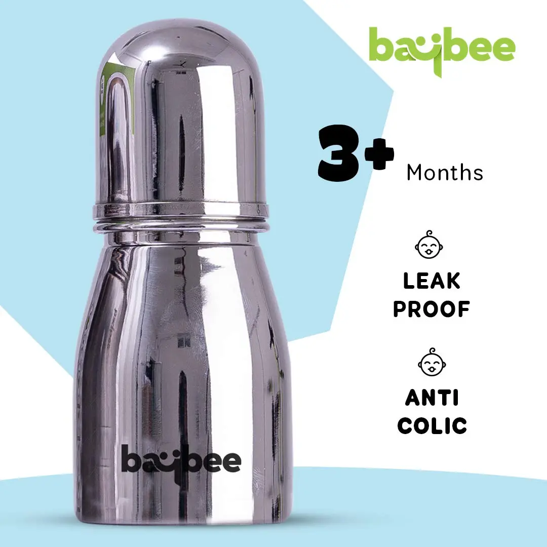 Premium Stainless Steel Feeding Bottle For Baby | Non-Toxic Baby Feeding Bottle For Kids Silicone Nipple, Milk, Water Feeding Bottle For Babies (Round, 150 Ml) 2