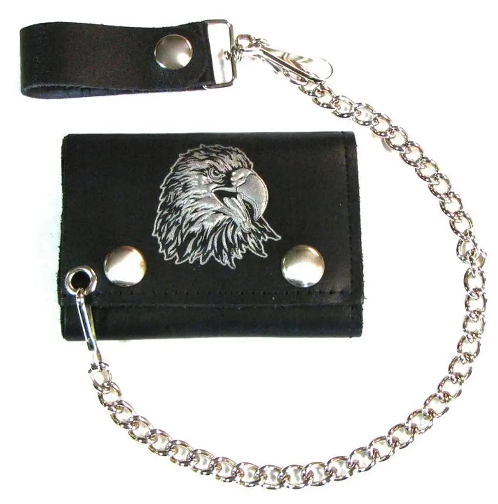 Screaming Eagle Head Trifold Leather Wallets With Chain 1