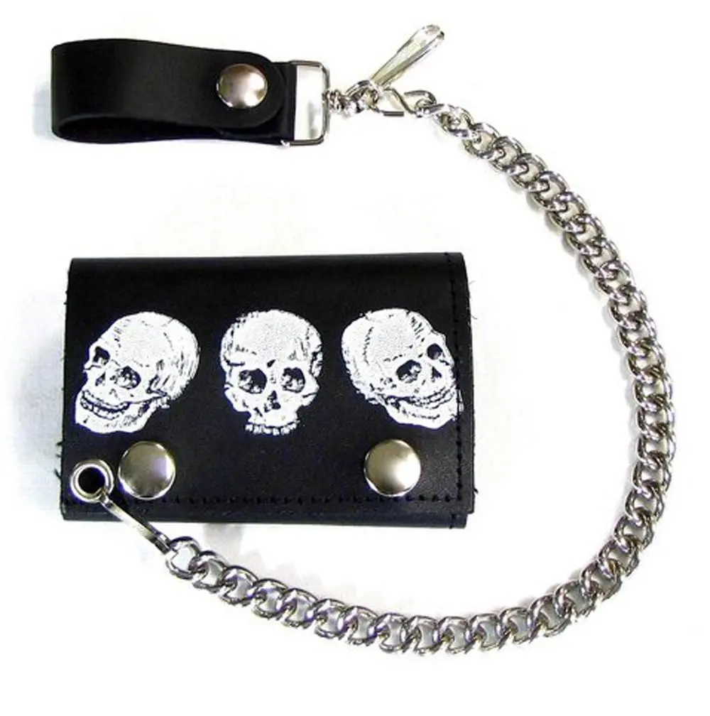 Triple Skulls Trifold Leather Wallets With Chain 1