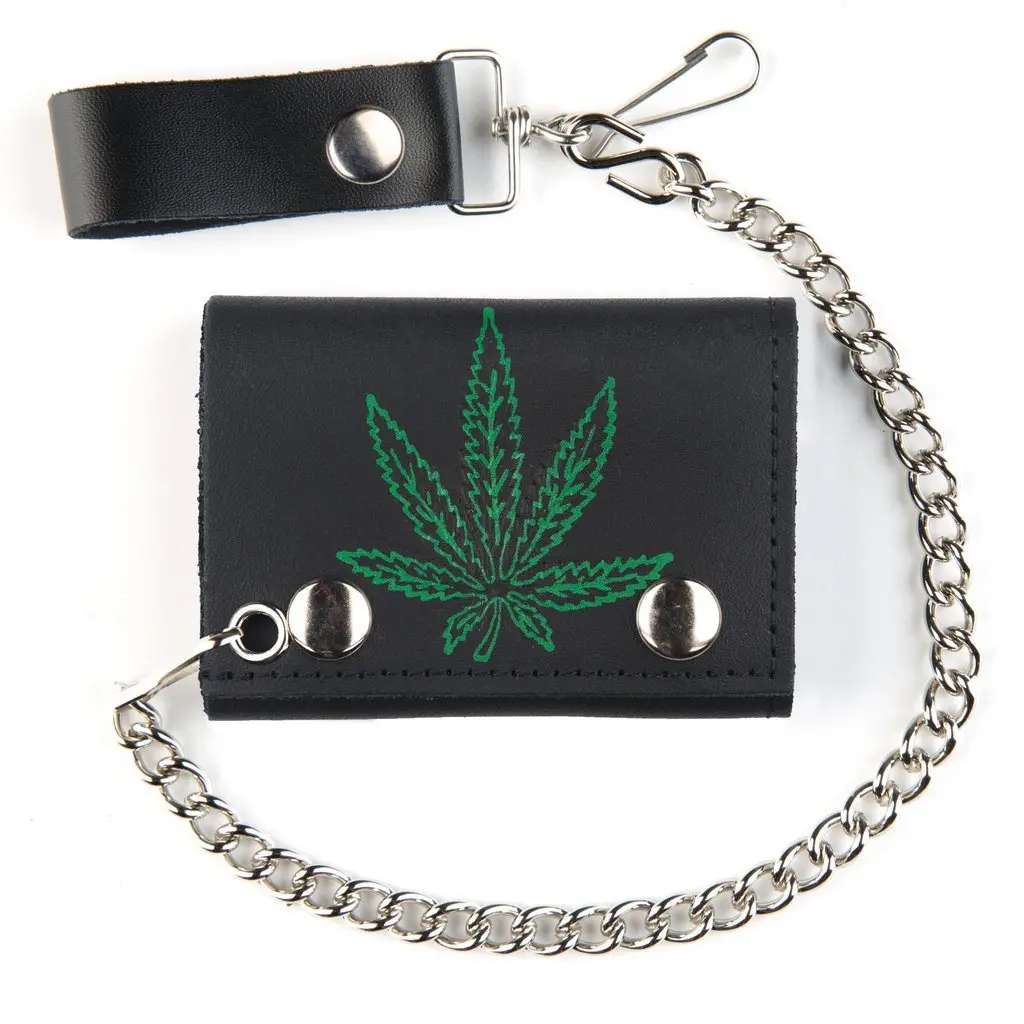Marijuana Pot Leaf Trifold Leather Wallets With Chain 1