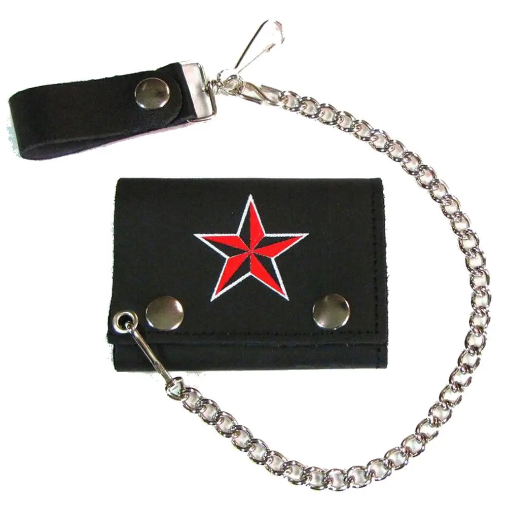 Nautical Red Star Trifold Leather Wallets With Chain 1