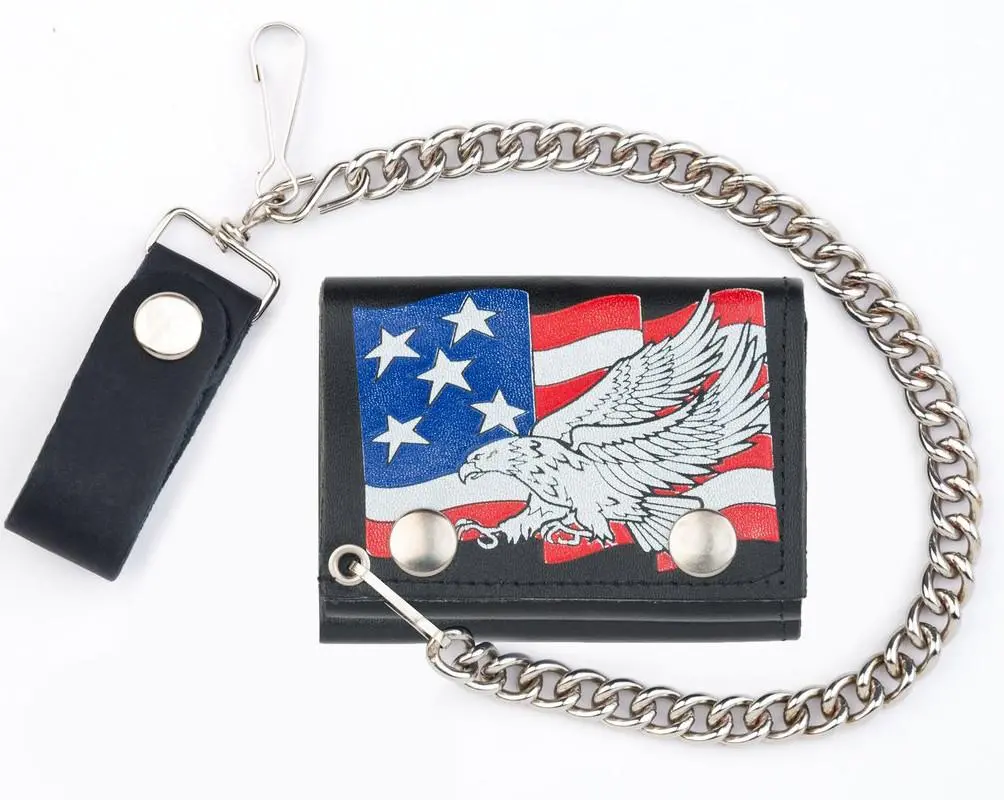 Usa Flag Flying Eagle Trifold Leather Wallets With Chain 1