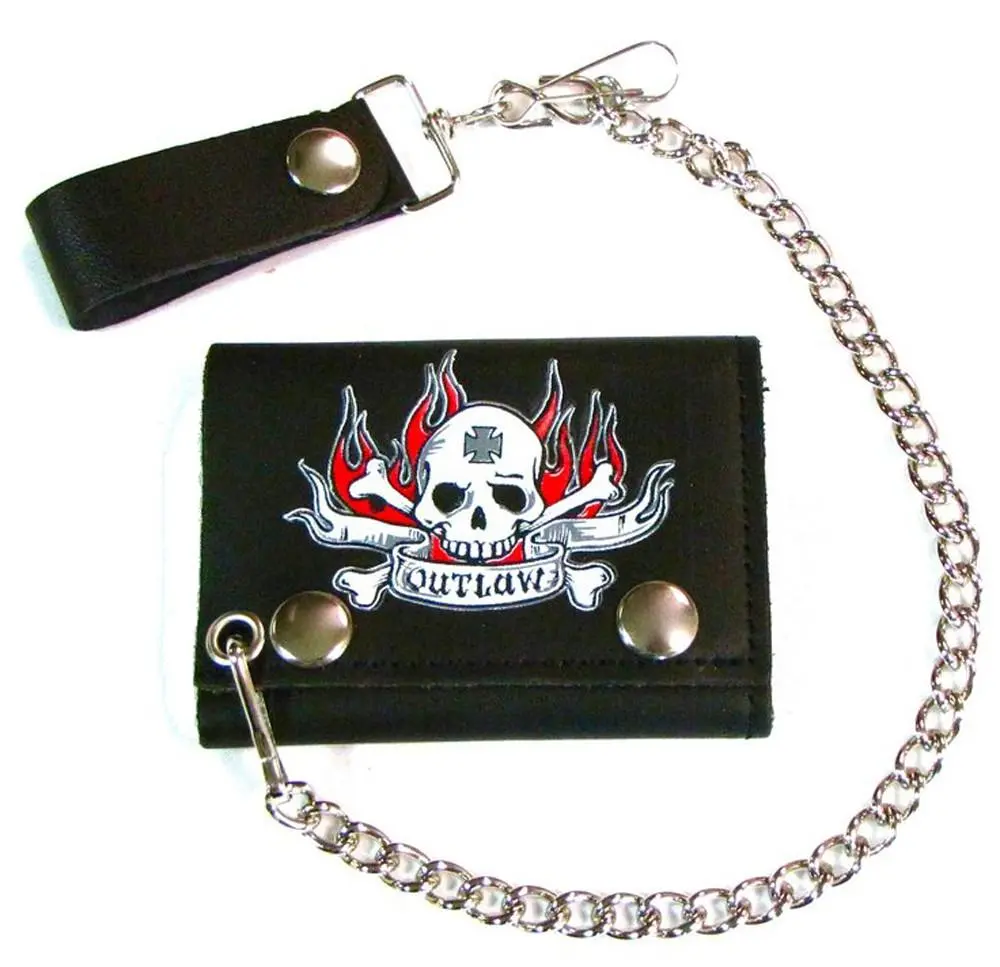 Outlaw Skull Flames Trifold Leather Wallets With Chain 1