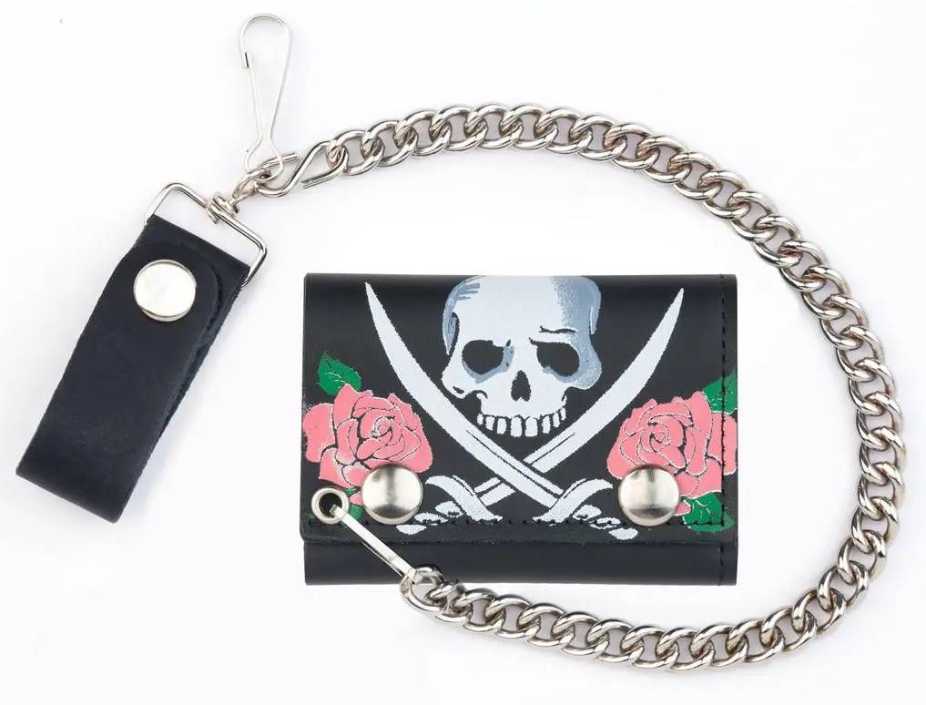 Roses Skull Crosses Sword Trifold Leather Wallets With Chain 1