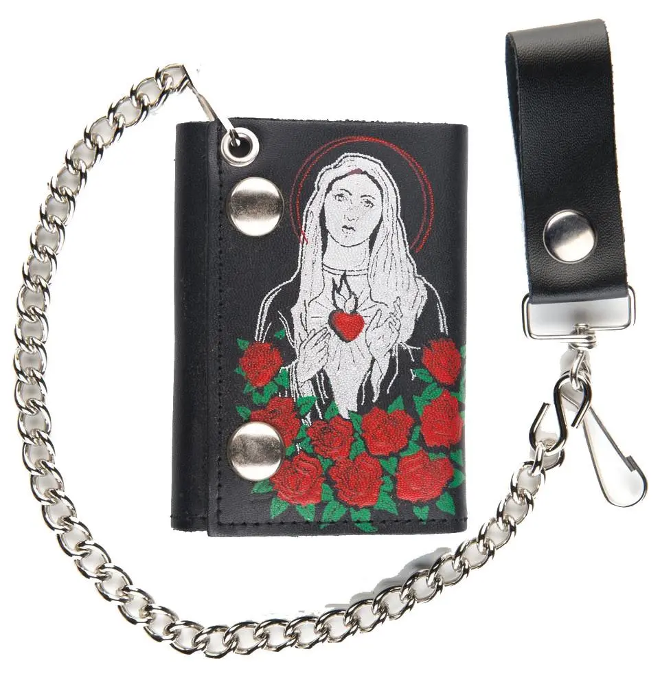 Guadalupe Mary Roses Trifold Leather Wallets With Chain 1