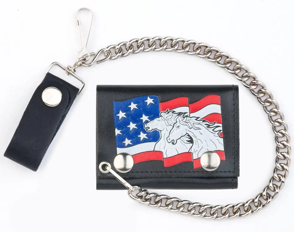 Usa Flag Horses Trifold Leather Wallets With Chain 1