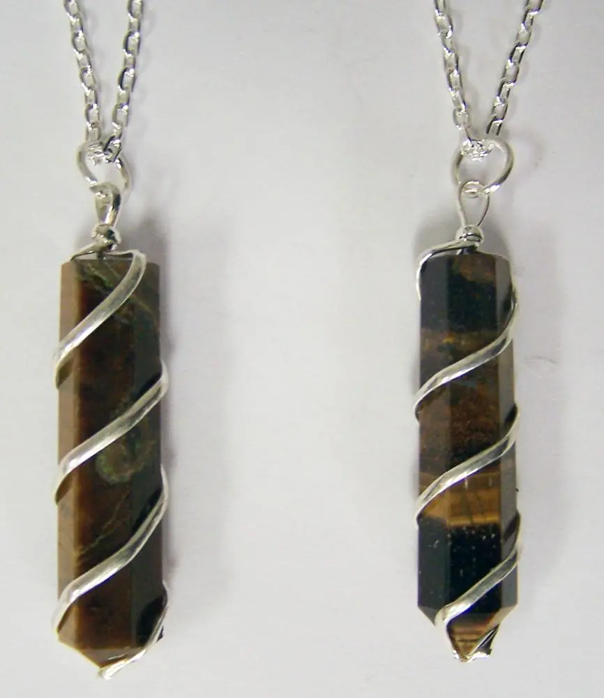 Tiger Eye Coil Wrapped Stone 18 Inch Silver Chian Necklace 1