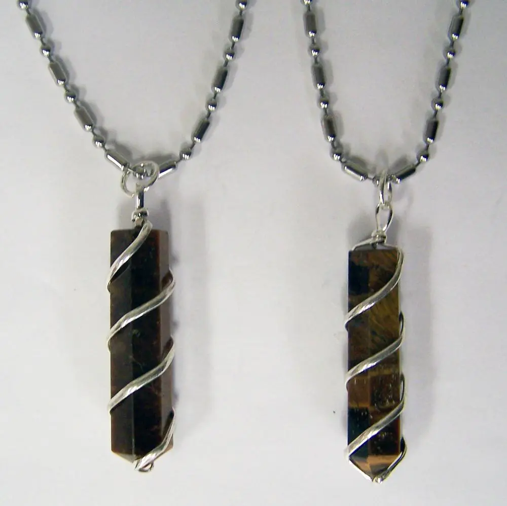 Tiger Eye Coil Wrapped Stone Stainless Steel Ball Chian Necklace 1