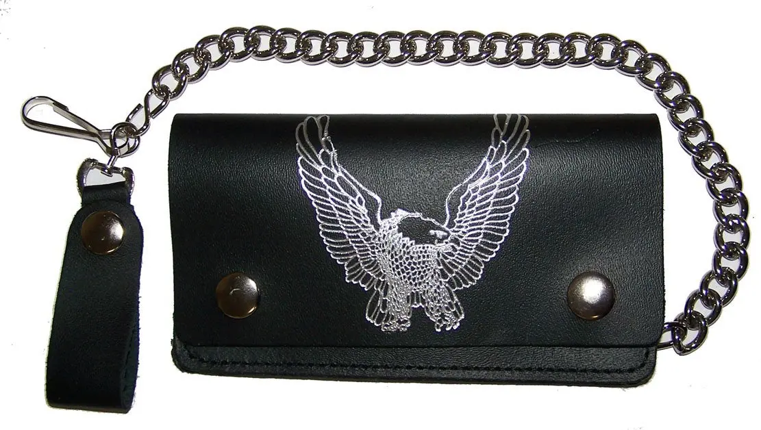 Eagle Wings Up 6 Inch Biker / Trucker Leather Wallet With Chain 1