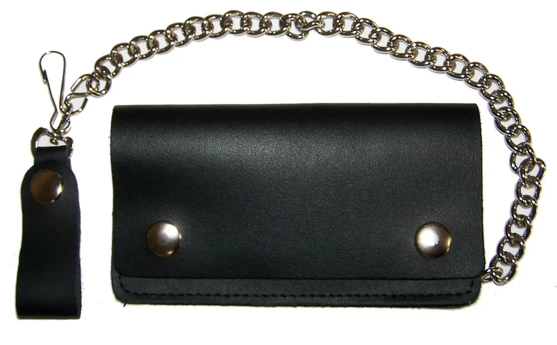 Plain Solid Black  6 Inch Biker / Trucker Leather Wallet With Chain 1