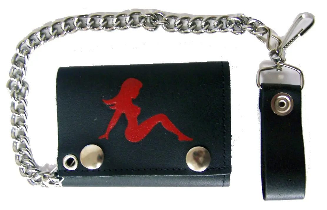 Red Mud Flap Trucker Girl Trifold Leather Wallets With Chain 1