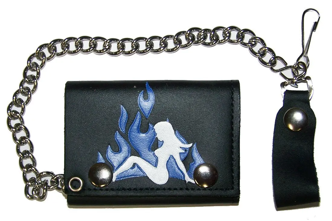 Trucker Mudflap Girl Blue Flames Trifold Leather Wallets With Chain 1