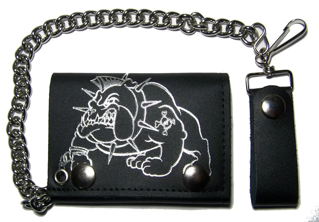 Bulldog W Spiked Collar Trifold Leather Wallets With Chain 1