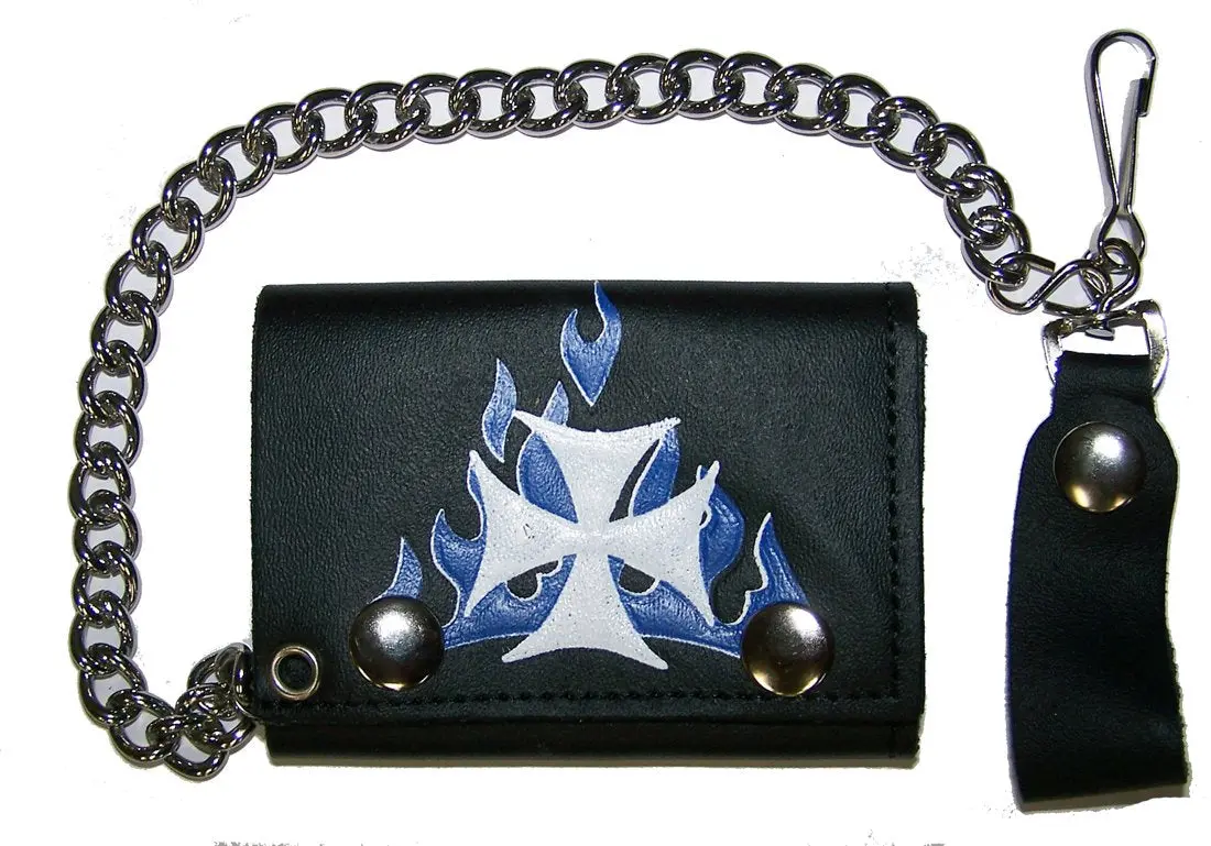 Iron Cross Blue Flames Trifold Leather Wallets With Chain 1