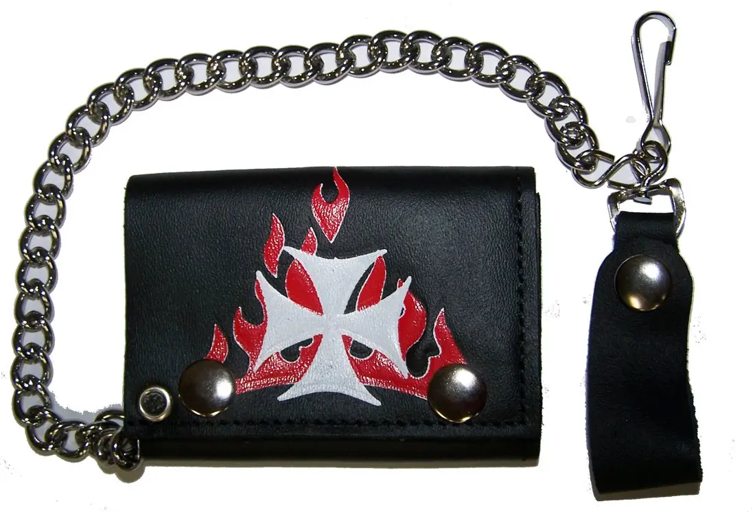 Iron Cross Red Flames Trifold Leather Wallets With Chain 1