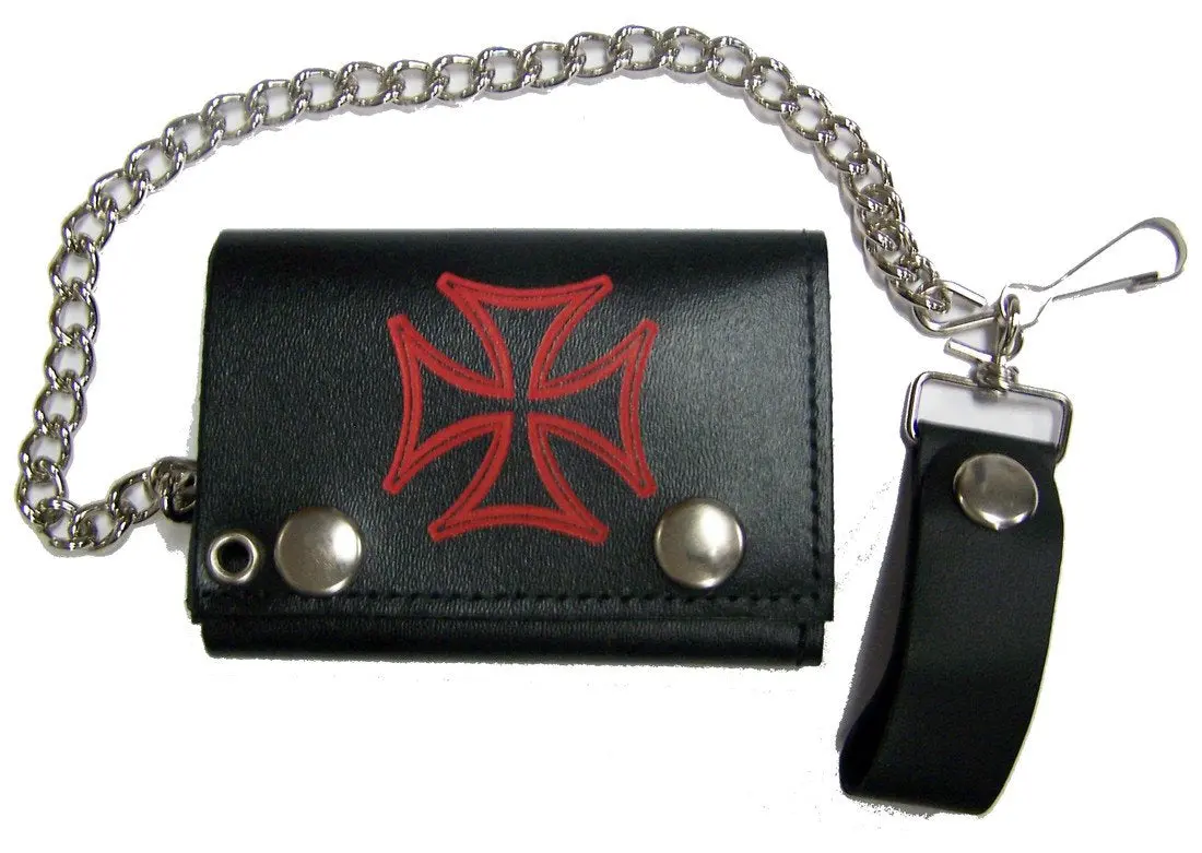 Red Iron Cross Trifold Leather Wallets With Chain 1