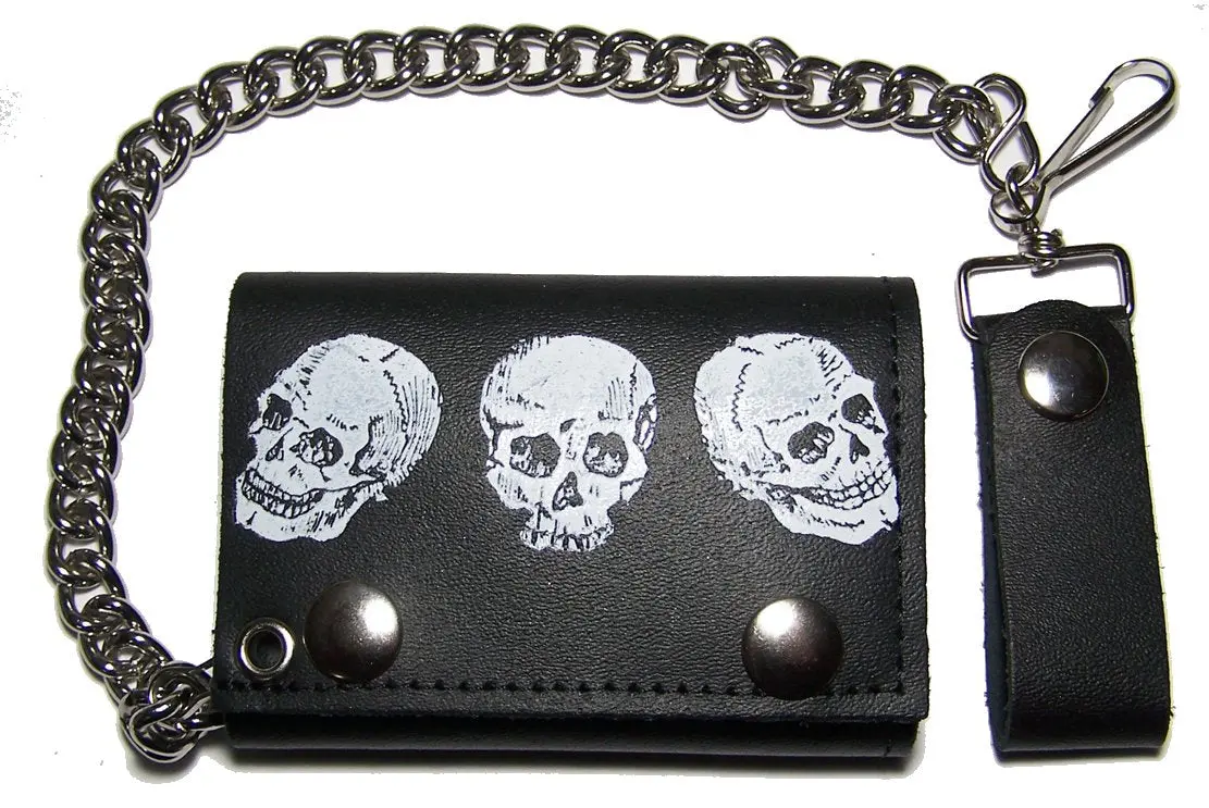 Triple Skull Heads Trifold Leather Wallets With Chain 1